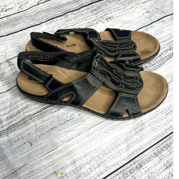 Clarks Collection Brown Ankle Strap Sandals Black Leather 8 - Picture 1 of 3
